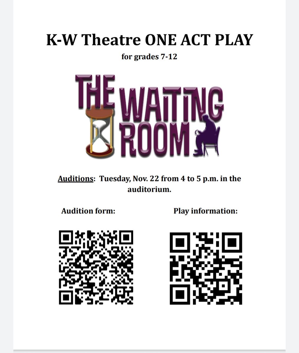 Exciting new things happened at K-W! Blair Reynolds and I will be codirecting the One Act play this year. A new activity for students in grades 7-12. This is a competition theater opportunity! - Mrs. McAnally <a href="/kwpublicschools/">K-W Public Schools</a> <a href="/KWPrincipalRyan/">KW 7-12</a>