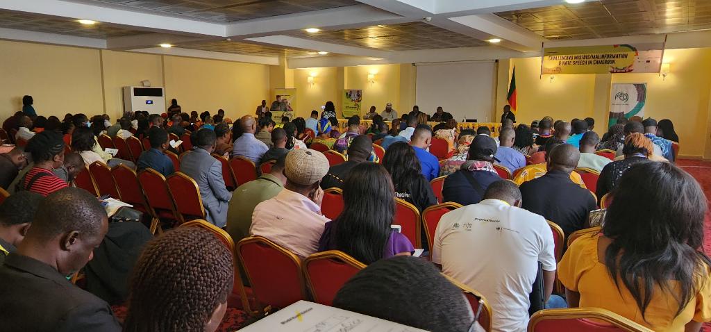 VictorymarshalA's tweet photo. Maiden AFF Cameroon all conference taking place now at Djeuga Palace Yaounde under the theme challenging Mis/Dis/Malinformation  &amp; hate speech in Cameroon. The conference brought together over 200 participants frm the 7 cohorts
#defyhatenow 
#ActionContreIntox 
#AFFConference22 https://t.co/Mjkk9HuEDN