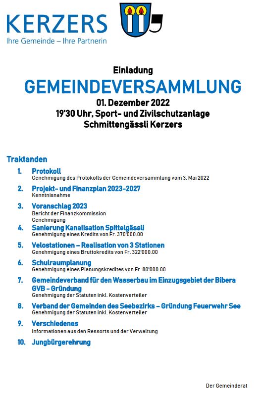 Ihre Gemeinde informiert: Gemeindeversammlung 01.12.2022