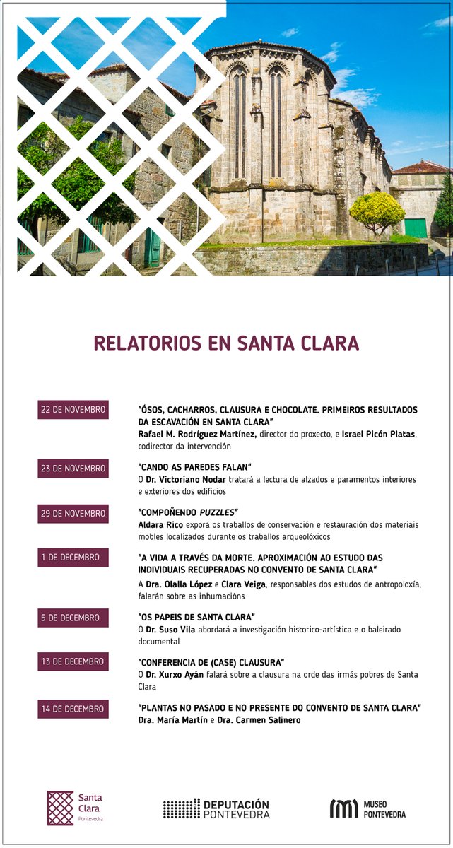 Deputación Pontevedra (@depo_es) on Twitter photo ⛪O 22 de novembro arrancan os relatorios polas persoas encargadas das escavacións arqueolóxicas en <a href="/santaclara_p/">Santa Clara, de Pontevedra</a>, coas que a <a href="/depo_es/">Deputación Pontevedra</a> súmase á celebración do primeiro aniversario da súa compra por <a href="/Pontevedrate/">Concello de Pontevedra</a>
Consulta as datas para non perderte ningún!👇
#MuseoPontevedra ⛪O 22 de novembro arrancan os relatorios polas persoas encargadas das escavacións arqueolóxicas en <a href="/santaclara_p/">Santa Clara, de Pontevedra</a>, coas que a <a href="/depo_es/">Deputación Pontevedra</a> súmase á celebración do primeiro aniversario da súa compra por <a href="/Pontevedrate/">Concello de Pontevedra</a>
Consulta as datas para non perderte ningún!👇
#MuseoPontevedra