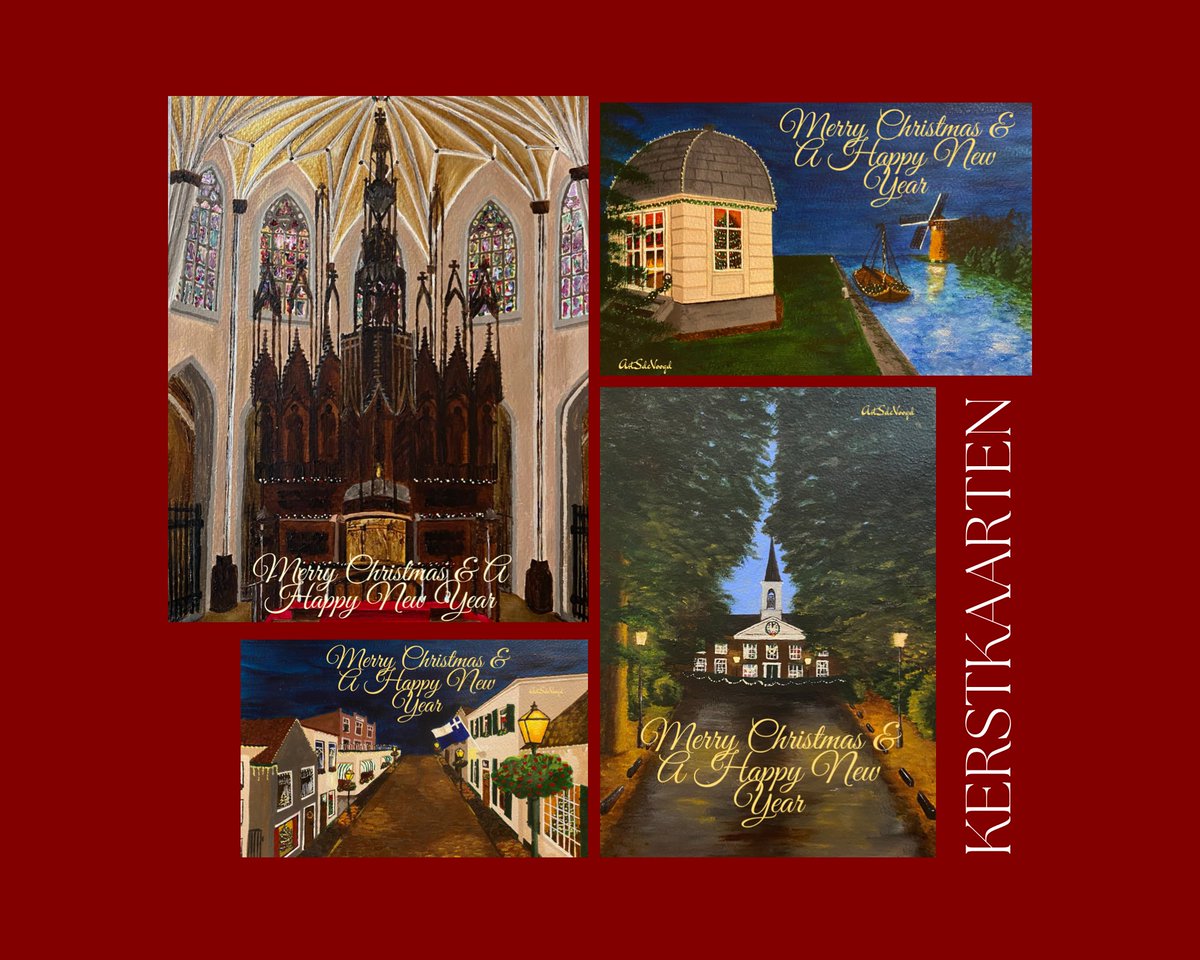 Sinds deze week zijn mijn originele Warmondse kerstkaarten beschikbaar📯 Met nieuwe ontwerpen van de Warmondse dorpsstraat en park Groot Leerust🎄 (1/3)