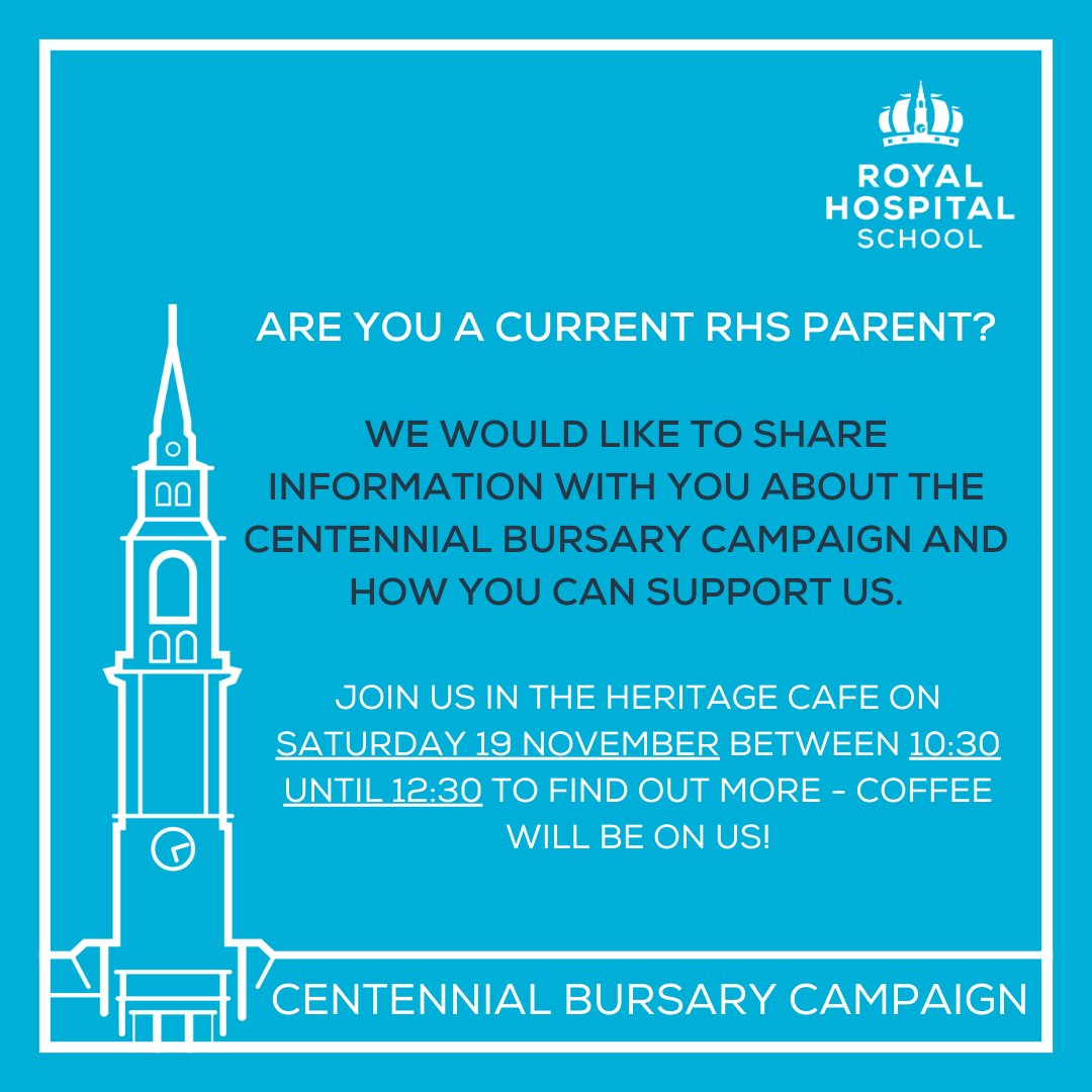 RHSAlumniOffice's tweet photo. On Saturday 19 November between 10:30 and 12:30 you can come along to the Heritage CafΓ© and find out about the Centennial Bursary Campaign. The coffee will be on us. We hope to see you there!
#PartofRHS #Launch100Lives #ConnectInspireBelong #RHSCommunity https://t.co/SBBII6dOqd