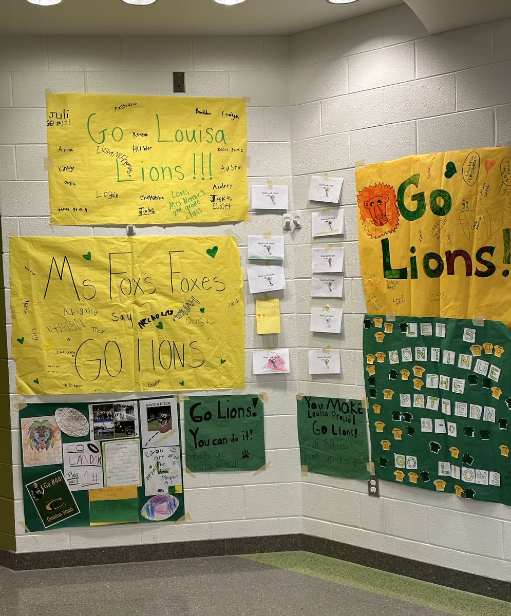 LCPSchools's tweet photo. WE ❤️LOVE❤️ OUR 🦁LIONS🦁!

Over the past week, our elementary and middle school students have spent time creating artwork to cheer on our Lions. We decided the best place to hang up the artwork would be right inside Louisa County High School to greet our Lions this morning! https://t.co/6toPyWjQhb