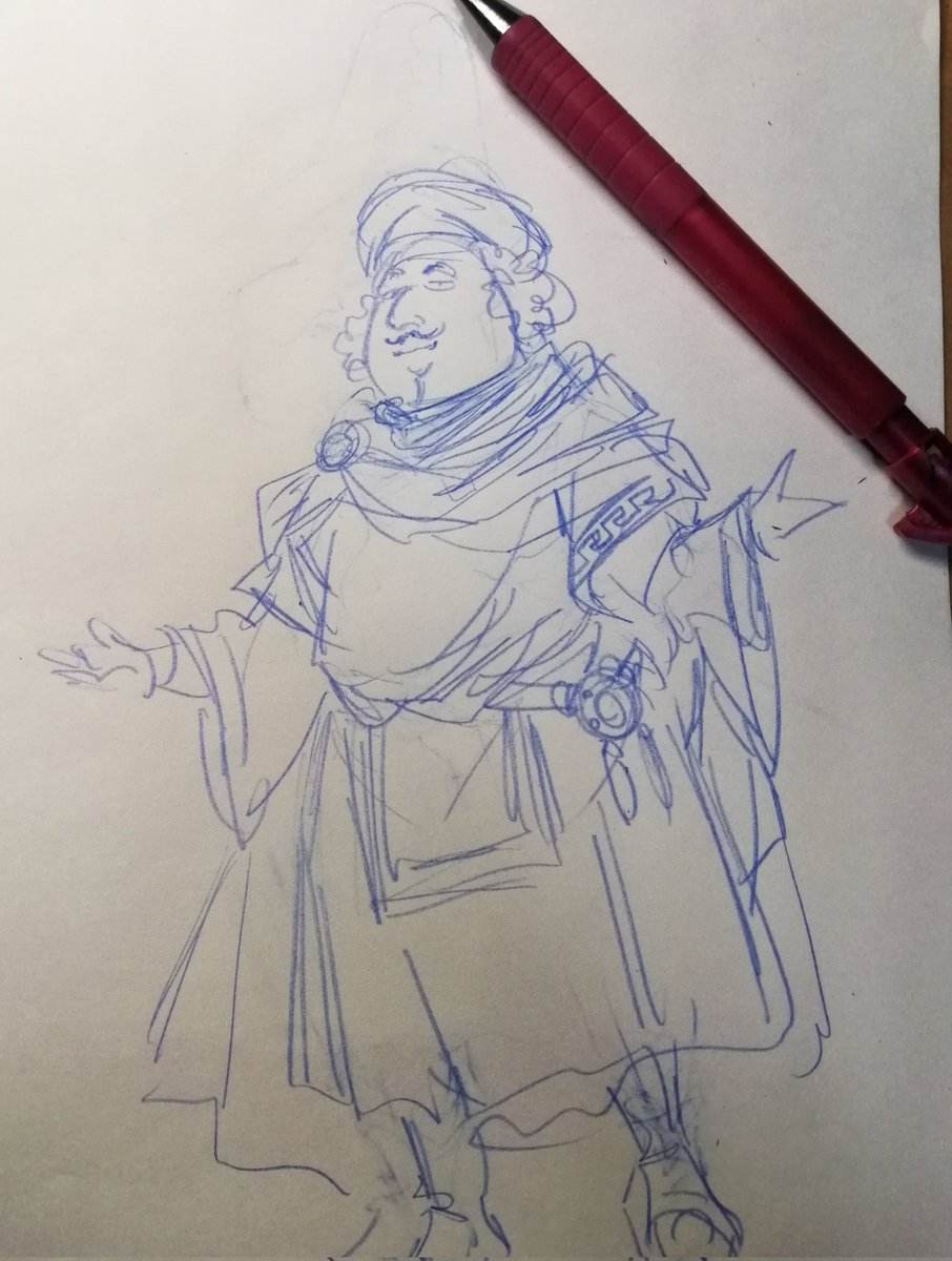 ネーム時ではてきとーに描いてた台詞のあるモブキャラ、下書き時になってようやくキャラデザされる。彼は奴隷商人だけど慇懃無礼なキャラは外見的にも難しいですね。基本的に商売熱心でいい人です、多分。 