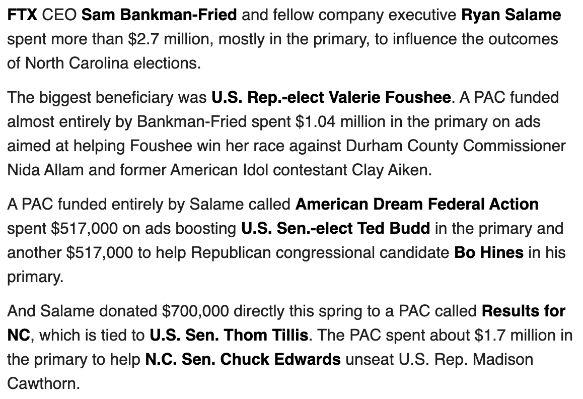 DavidCapenNC's tweet photo. Interesting report this morning from @RaleighReporter of @NC_Tribune. Quite the diverse set of political investments into NC from #FTX execs. https://t.co/DqEOWG95G2