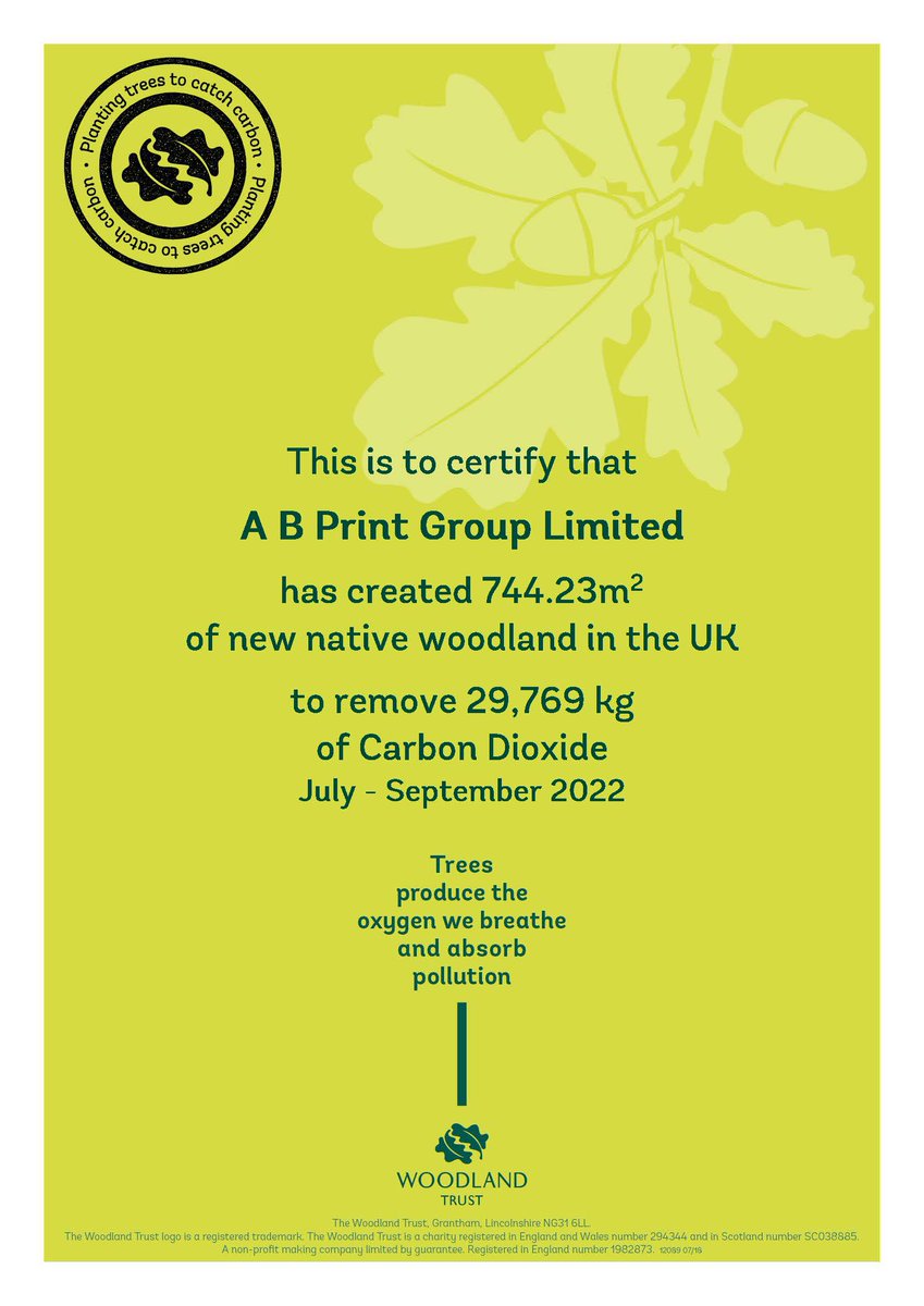 AB Print has successfully helped to plant over 500 saplings; these have created 744.23m of new native woodland in the UK to remove 29,769 kg of Carbon Dioxide! 

A big well done to the AB Print team 👏

#carbondioxide #carbon #dioxide #woodlandtrust #thewoodlandtrust