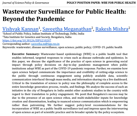 #Publication Alert
Saveetha Meganathan's, Vishvak Kannan and <a href="/3RakeshMishra/">Rakesh K Mishra</a>'s latest paper on '#Wastewater #Surveillance for #PublicHealth: Beyond the Pandemic' is now out in <a href="/SciPolJournal/">Journal of Science Policy & Governance (JSPG)</a>. 

Access now: doi.org/10.38126/JSPG2…
(1/2)