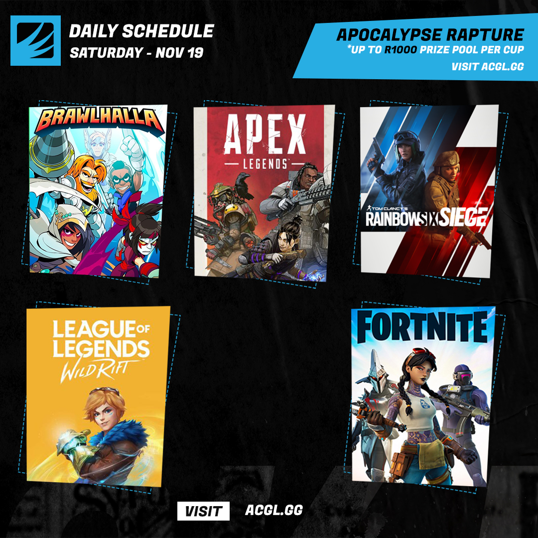 AfricanGaming's tweet image. 🗓Saturday's cups are:

🎮#BRAWHALLA
🕹#ApexLegends
🥊#R6Seige
⚔#WildRift
🕹#Fortnite
📝Sign up to compete for free: acgl.gg/t

#esportsZA #AfricanEsports #gaming