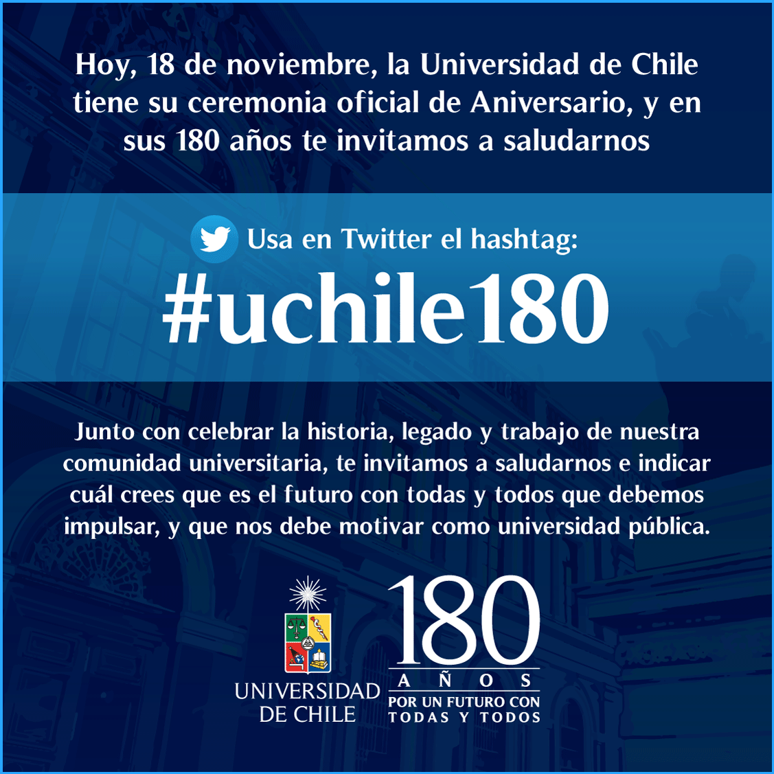 ¿Cuál es el futuro que imaginas para el país, y cómo la U puede aportar en que sea para todas y todos? Te invitamos a comentar esta pregunta con el hashtag #uchile180, hoy cuando celebramos los 180 años de la <a href="/uchile/">Universidad de Chile</a>