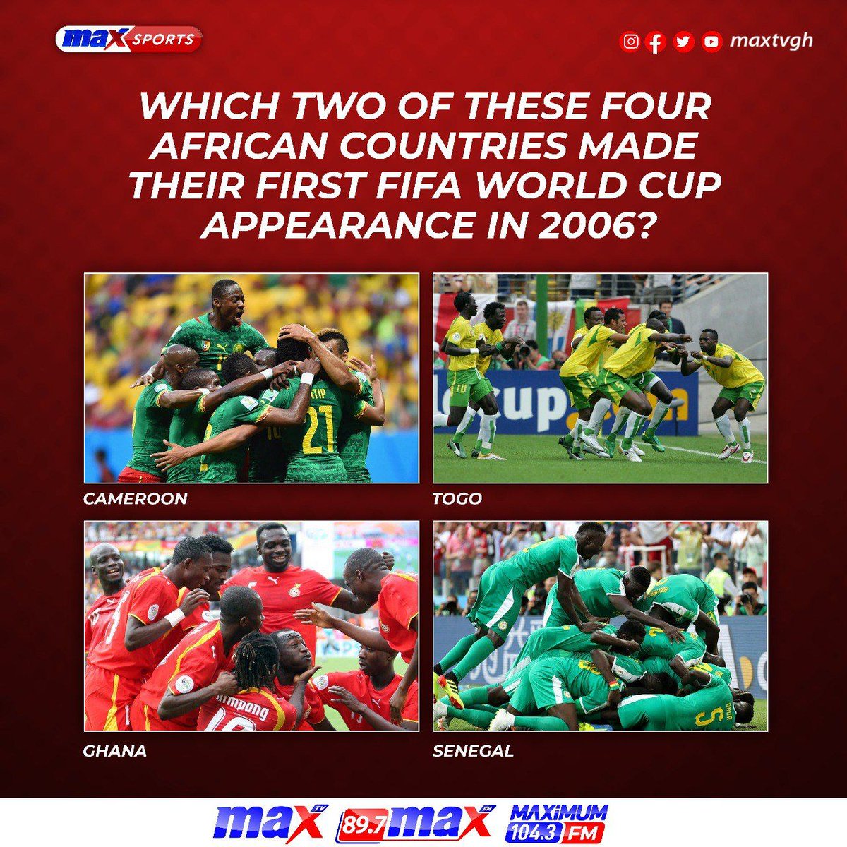 maxtvgh's tweet photo. #BlackStarsDiary | 𝐁𝐋𝐀𝐂𝐊𝐒𝐓𝐀𝐑𝐒 𝐃𝐈𝐀𝐑𝐘 𝐐𝐀𝐓𝐀𝐑 𝟐𝟎𝟐𝟐

Which two of these four African countries made their first FIFA World Cup appearance in 2006?

#MaxTV #MaxOnline #FIFAWorldCupQatar2022 #BringBackTheLove #MaxSports #MaxWorldCup https://t.co/aRcgx9HuTw
