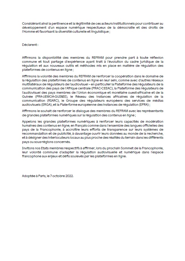 OfficielRefram's tweet photo. 👉Le 7 octobre 2022, les membres du #REFRAM adoptaient la déclaration de Paris sur l'adaptation de la régulation dans l'espace francophone à l'attention de leurs états respectifs en vue du #SommetDjerba2022
📢https://t.co/ZiERvk6h2F https://t.co/EEkxLz3yCo