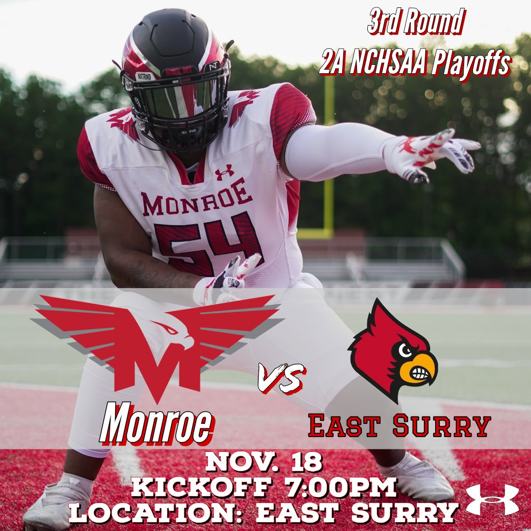 🚨GAME DAY🚨

-3rd Round 2A NCHSAA playoffs 
🆚️ @ES_CardinalsFB

#COMMITMENT 
#USvsTHEM
 
<a href="/MHS_Redhawks/">MHS_Athletics</a> <a href="/MonroeHSNC/">Monroe High School (NC)</a>
<a href="/RedhawkAd/">Tim Niedermeier</a> <a href="/MomPrincipal/">SBatchelor</a>
<a href="/UCNCFootball/">Tim Winters</a> <a href="/UCPSNCAthletics/">UCPS NC Athletics</a> <a href="/NateWimberly/">Nate Wimberly WBTV</a>
<a href="/pepman704/">Matt Morrow</a>

Tickets 🔻
Cash at gate!