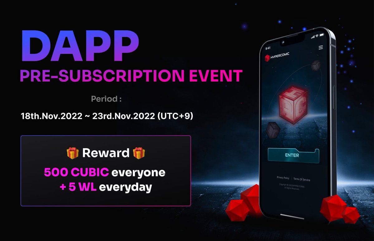 HYCO_Official's tweet photo. 🔥#HYPERCOMIC #EVENT🔥

#PRE #Subscription #DAPP event
🎁 500 CUBIC x Everyone
🎁 Prince of Arkria NFT 5 WL x Everyday

1️⃣ #Sign_up
https://t.co/0aR2At90zh

2️⃣ RT &amp; Tag 3 friends
3️⃣ #Discord : https://t.co/eq2DqYbJrU

⏳ ~ Nov 23rd.2022 (UTC +9)

Detail : https://t.co/IcVdzCR0WX https://t.co/hVud3mzJWe