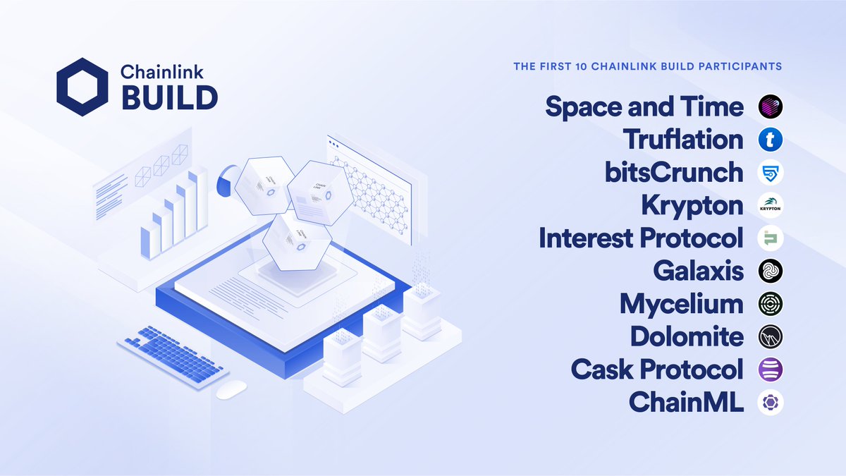 Chainlink (@chainlink) on Twitter photo Give a welcome to the first 10 #Chainlink BUILD projects:
<a href="/SpaceandTimeDB/">Space and Time</a>
<a href="/truflation/">Truflation</a>
<a href="/bitsCrunch/">bitsCrunch</a>
<a href="/KryptonProtocol/">Krypton Protocol</a>
<a href="/InterestDeFi/">Interest Protocol</a>
<a href="/Galaxisxyz/">Galaxis</a>
<a href="/mycelium_xyz/">Mycelium</a>
<a href="/Dolomite_io/">Dolomite 🏔️</a>
<a href="/caskprotocol/">Cask Protocol</a>
<a href="/chainml_/">ChainML</a>
Building the future of Web3? Take your dApp to the next level: blog.chain.link/chainlink-buil… Give a welcome to the first 10 #Chainlink BUILD projects:
<a href="/SpaceandTimeDB/">Space and Time</a>
<a href="/truflation/">Truflation</a>
<a href="/bitsCrunch/">bitsCrunch</a>
<a href="/KryptonProtocol/">Krypton Protocol</a>
<a href="/InterestDeFi/">Interest Protocol</a>
<a href="/Galaxisxyz/">Galaxis</a>
<a href="/mycelium_xyz/">Mycelium</a>
<a href="/Dolomite_io/">Dolomite 🏔️</a>
<a href="/caskprotocol/">Cask Protocol</a>
<a href="/chainml_/">ChainML</a>
Building the future of Web3? Take your dApp to the next level: blog.chain.link/chainlink-buil…