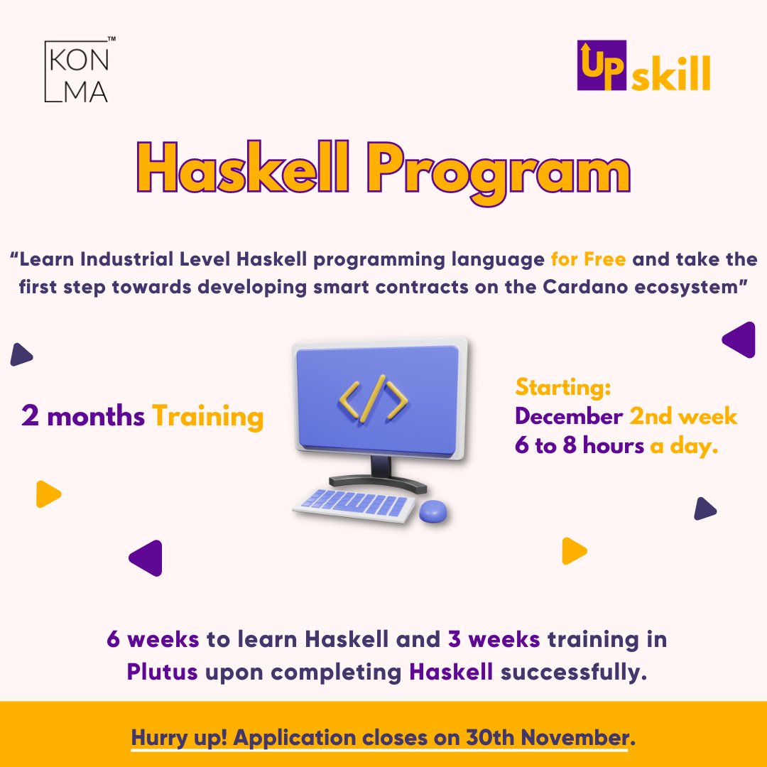 (1/5) My fellow community members, we have exciting news from Konma Upskill. Batch 2 of our Haskell program course is ready to go live.

#Konma #Konmadao #Konmaflair #KonmaUpskill #Web3 #web3education #cardano #web3community #education #onlineclasses #freecourse #upskilling