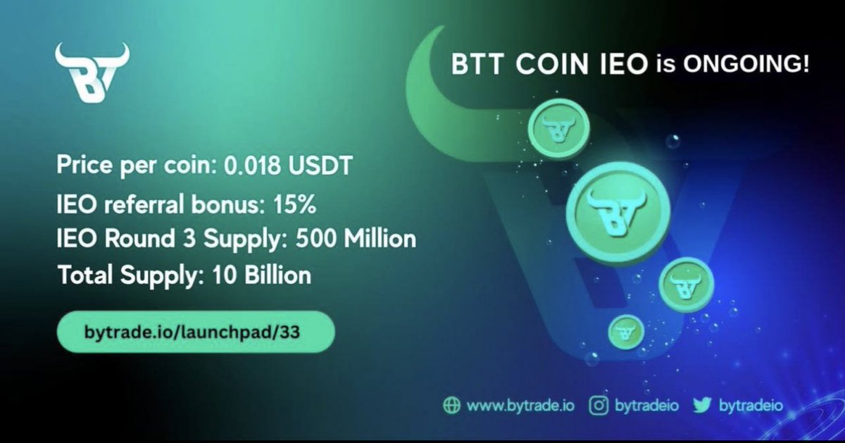 chitaglorya3rd's tweet photo. 🚨LISTING SOON! @bytradeio‘s $BTT Coin is still on IEO

There’s limited time so hurry! Sign up buy and reply with a screenshot!
👉  https://t.co/SoADgZZPKW

Sign up, finish KYC &amp; purchase 10 USDT worth of BTT &amp; win up to 15k USDT!🤩 Referral commissions up to 15% on the exchange https://t.co/YIQxECyzyF