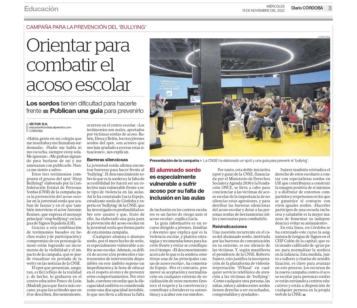 CNSEinfo's tweet photo. 'Orientar para compartir el acoso escolar'. Diario de Córdoba publicó el pasado miércoles este artículo sobre la campaña de prevención del acoso escolar en la juventud sorda.
#stopbullying https://t.co/xerbW91cfQ