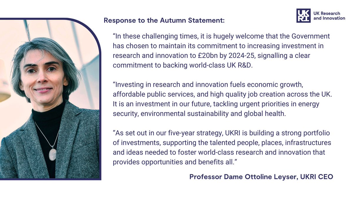 UKRI_News's tweet photo. Our CEO Professor Dame Ottoline Leyser's response to yesterday's Autumn Statement: https://t.co/54NispsB7b