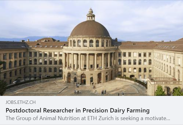 💼#Job offer: Postdoctoral Researcher in Precision #dairy #farming  at <a href="/ETH/">ETH Zürich</a>   Zürich, Switzerland 🇨🇭
The Group of Animal Nutrition at ETH Zurich is seeking a  post-doc scholar who has experience and interest in precision dairy farming. 

ℹ️jobs.ethz.ch/job/view/JOPG_…