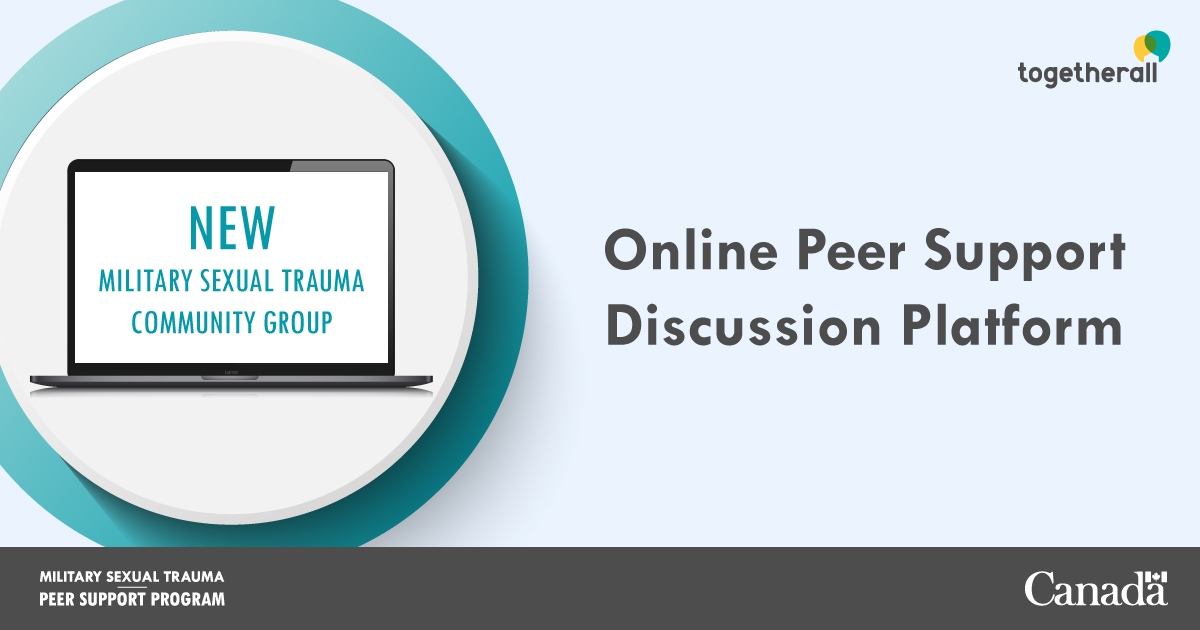 DNDCAF_DCSRC's tweet photo. Did you know that the #MSTPeerSupport program online platform @TogetherallNA now features a peer support discussion group for persons affected by MST? The platform offers a community where people can talk with others who lived similar experiences: https://t.co/0MpVGHEnYi https://t.co/L7RHZE9ey9