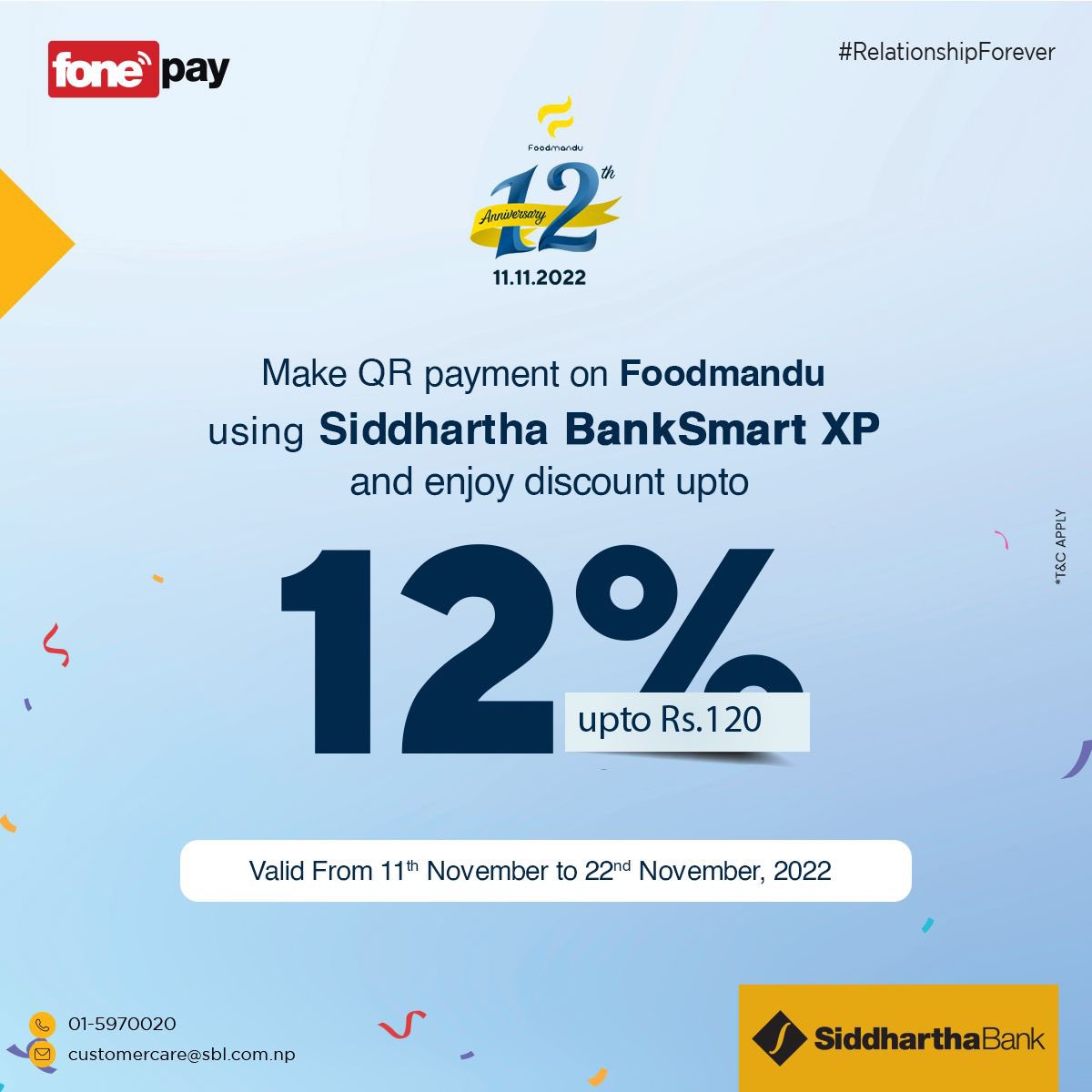 SiddharthaBank's tweet photo. Make QR payment on Foodmandu using Siddhartha BankSmart XP and enjoy 12% discount upto Rs. 120.
T&C Apply.
#SiddharthaBank #RelationshipForever #BankSmartXP #QRPayment https://t.co/WFNkWTX0V0
