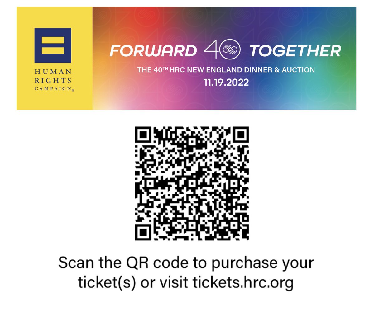 Last call! Dinner tickets can still be purchased until 5pm tonight. Scan the QR code below to get yours now! #hrcnewengland #40thannualdinnerandauction #humanrightscampaign #newenglanddinner