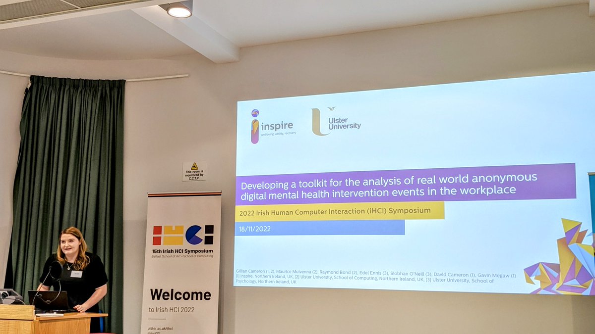 Great to hear <a href="/InspireWBGroup/">Inspire</a>'s own @gillibeano speak at <a href="/ihci22/">iHCI 2022</a> in <a href="/UlsterUni/">Ulster University</a> today speaking about workplace digital mental interventions #DigitalMentalHealth