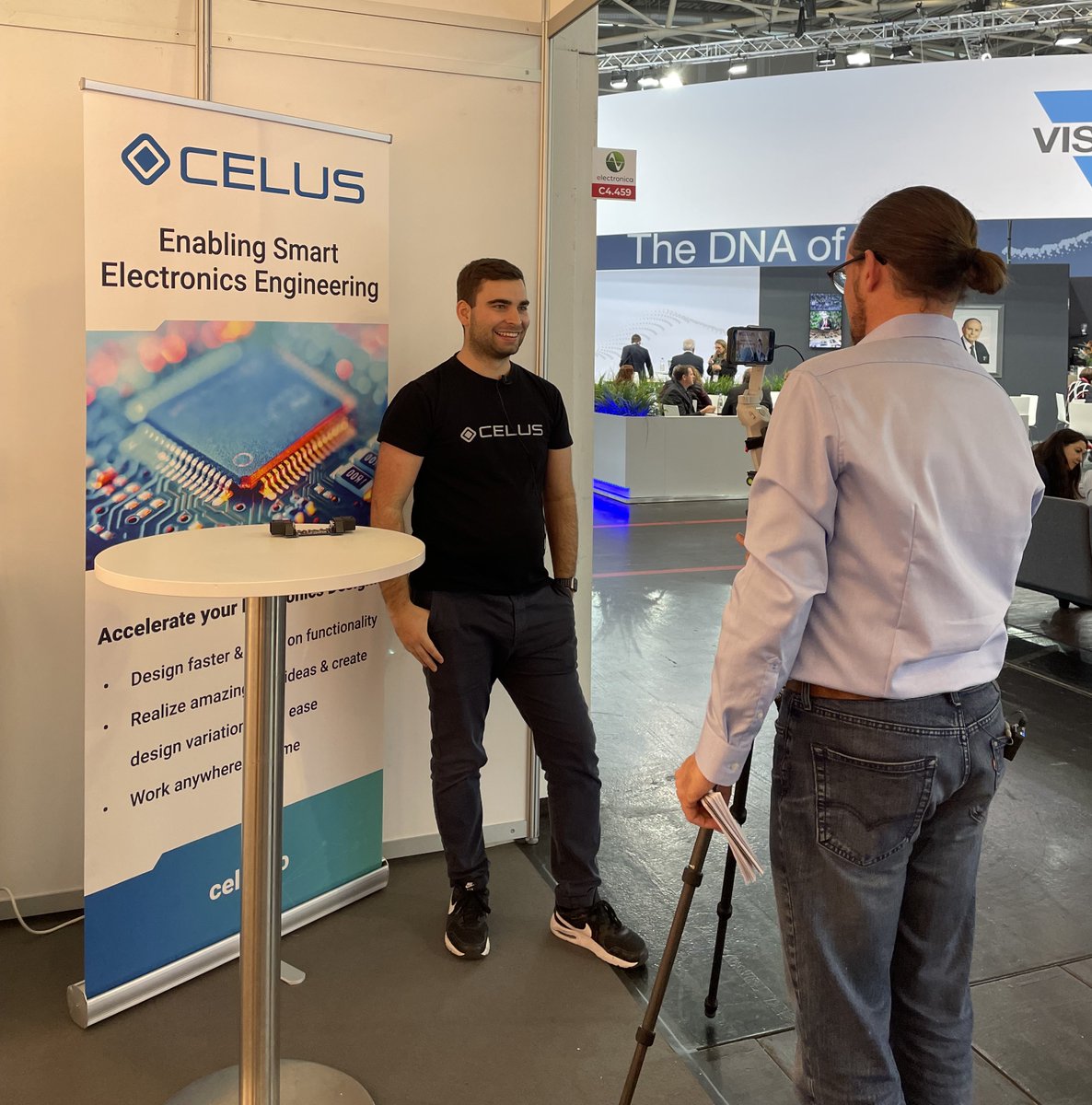 Celus_io's tweet photo. We're closing out @electronicafair with a video shoot at our booth. It's interview time for our CEO, Tobias Pohl, and The Electronics Influencer @stuartcording. We'll make sure to share the video output soon! #loveelectronics #electronicsengineering #electronicsdesign #automation https://t.co/MdhEScQUHJ