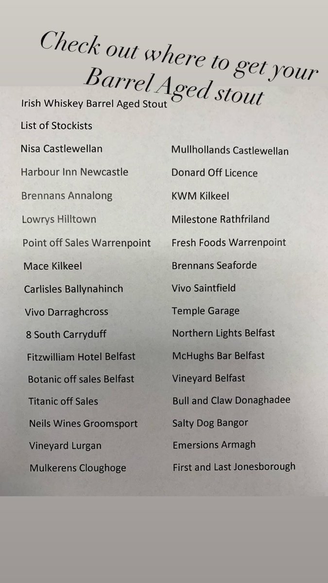 Whitewater Brewery (@whitewaterbeer) on Twitter photo Our new Irish Whiskey Barrel Aged Stout in collaboration with <a href="/hinchdistillery/">Hinch Distillery</a> is in the shops. Check out the second photo for a list of stockists. Have a great weekend. Cheers ๐ป. #brewedupstream #hinchdistillery #whitewaterbeer #localfood #supportlocal Our new Irish Whiskey Barrel Aged Stout in collaboration with <a href="/hinchdistillery/">Hinch Distillery</a> is in the shops. Check out the second photo for a list of stockists. Have a great weekend. Cheers ๐ป. #brewedupstream #hinchdistillery #whitewaterbeer #localfood #supportlocal