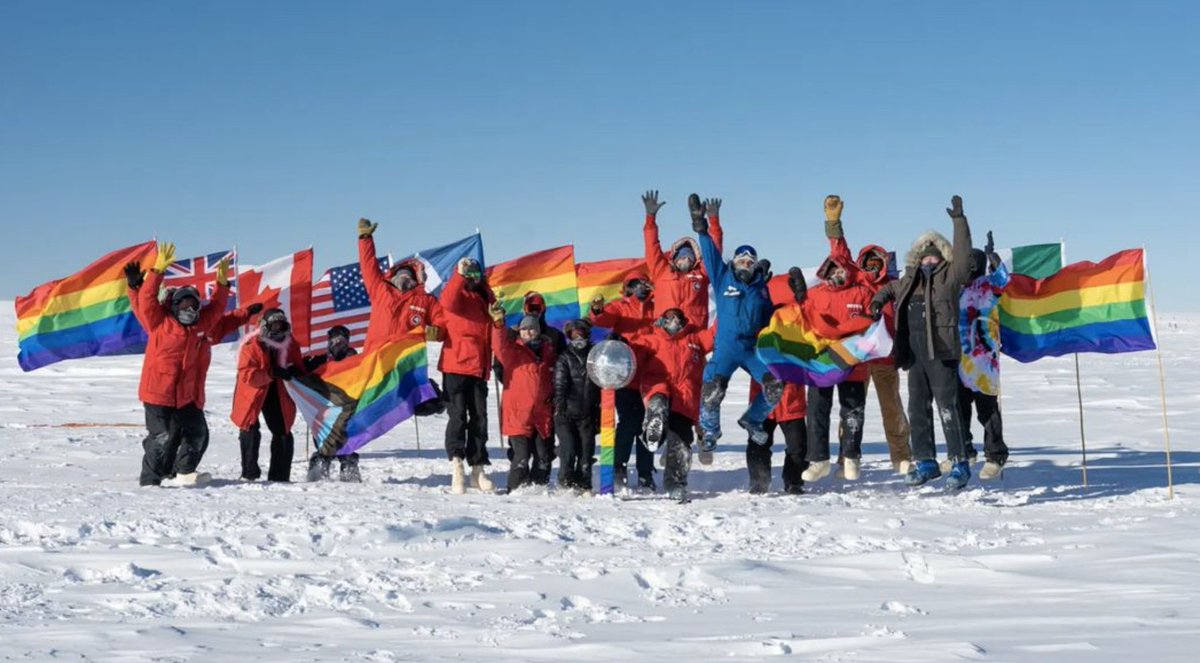 The pride flag at the North and South Poles for #PolarPride, probably the first time they've ever flown at both places at once. The #LGBTQIA+ community *literally* spans the globe. 🌈 #LGBTQSTEMDay 
📸: @NorskPolar + Wenceslas Marie Sainte
