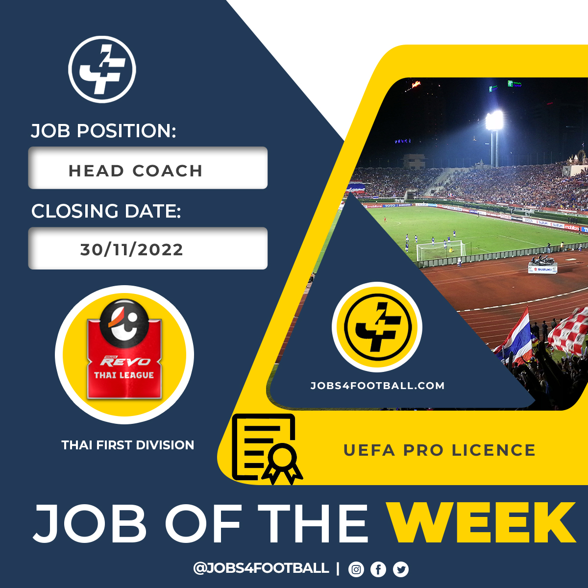 Jobs4football's tweet image. Job Of The Week 🚨

🏟 Thailand League 1 Club
📌Head Coach
📜Pro Licence Only
🗓 30/11/2022

Apply here:
jobs4football.com/job/head-coach…

#jobs4football #footballjobs #prolicence #headcoach #thailand #AFC #footballnetwork