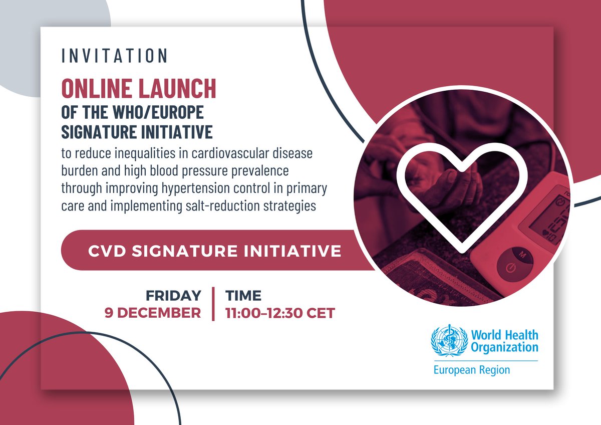 Heart Centre Hasselt (@hartcentrumh) on Twitter photo Join the webinar of the NCD Advisory Council <a href="/WHO_Europe/">WHO/Europe</a> on the CVD Signature Initiative (9 DEC 11h).
The initiative will be presented and will include the size of the problem, what works, good practices and how countries might participate.
Registration: who.zoom.us/webinar/regist⦠Join the webinar of the NCD Advisory Council <a href="/WHO_Europe/">WHO/Europe</a> on the CVD Signature Initiative (9 DEC 11h).
The initiative will be presented and will include the size of the problem, what works, good practices and how countries might participate.
Registration: who.zoom.us/webinar/registβ¦