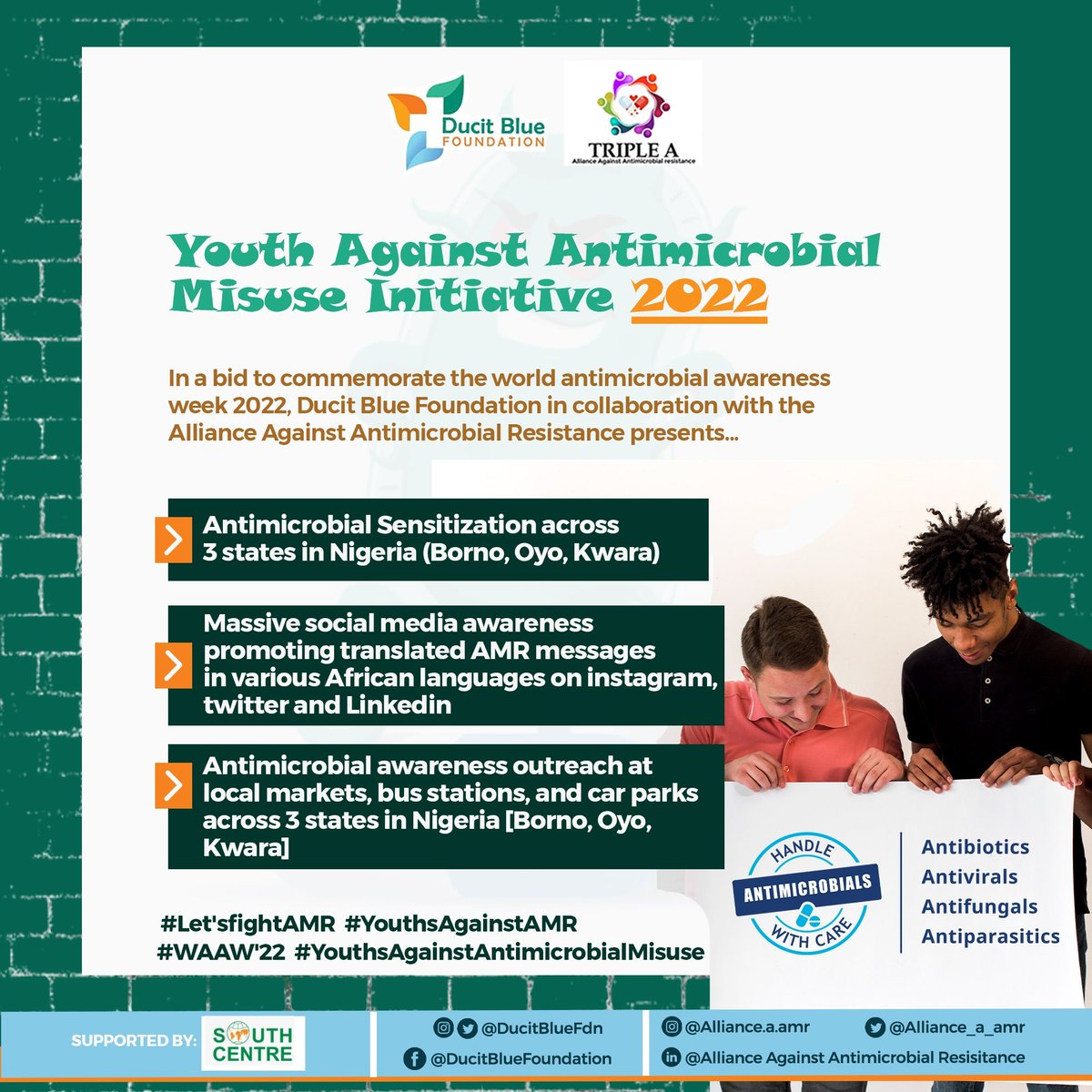 alliance_a_amr's tweet photo. #WAAW2022  aims at improving awareness of antimicrobial Resistance in respective communities. 

In collaboration with @DucitBlueFdn and supported by @South_Centre, we present the Youth Against Antimicrobial Misuse Initiative'22 to celebrate the 
week (18th-24th November). https://t.co/hAUsAPyzfE