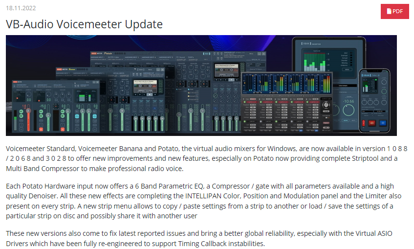 VB_Audio's tweet photo. Thanks @proaudiode @proaudioen for spreading the news! New Voicemeeter version available now on https://t.co/NHSTy3tceS
https://t.co/3LD0i3ATN3
#audiophile #sounddesign #streamer #audioproduction #realtimeaudio #virtualaudiomixer #windowsaudio #liveproduction #broadcasttool https://t.co/gmEn9oO0Vp