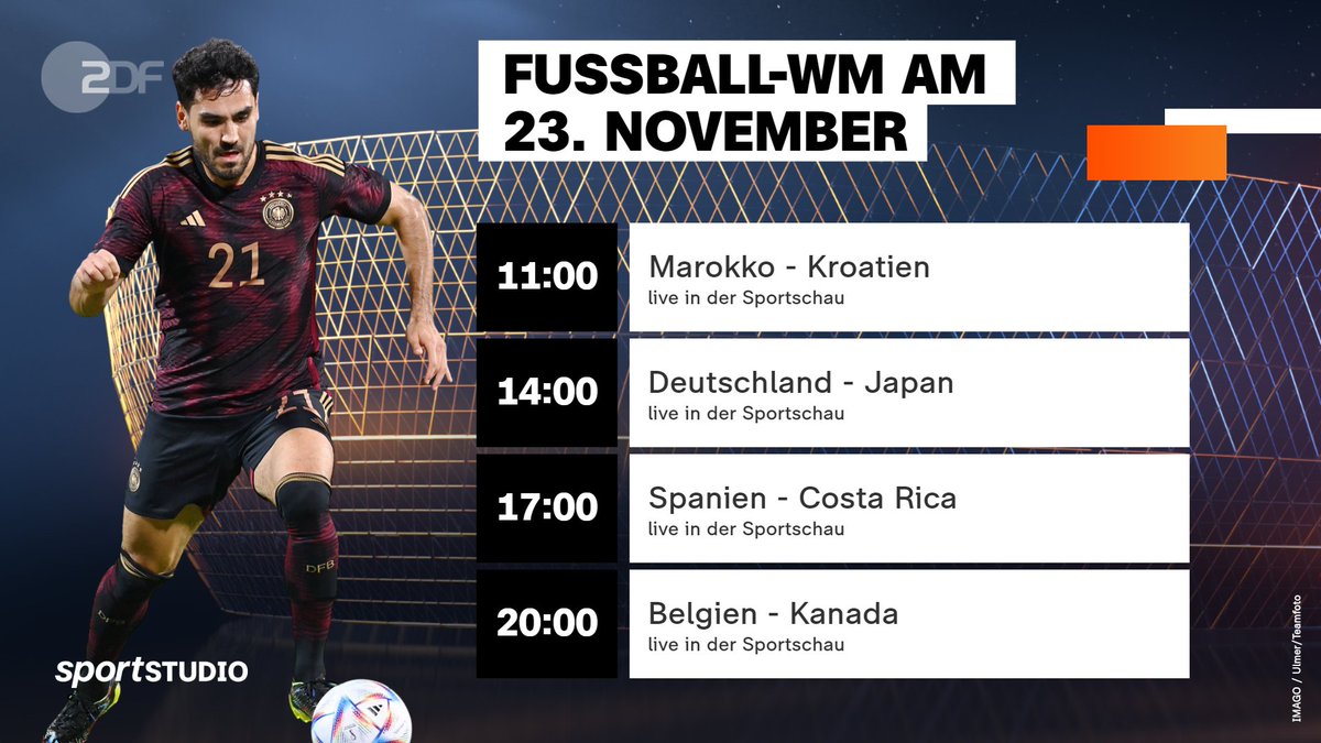 sportstudio's tweet photo. WM-Spieltag Nummer eins für die deutsche Nationalelf! 🇩🇪 Ab 14:00 Uhr startet Hansi Flicks Team in das Turnier, die Kollegen der @sportschau übertragen die Partie live. Was ist euer Tipp?
@FIFAWorldCup #FIFAWorldCup #WM2022 #MARCRO #MORCRO #DEUJAP #GERJPN #ESPCRC #ESPCOS #BELCA https://t.co/y7Za2kL8yi