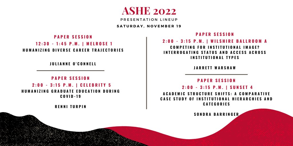 Moving to the afternoon, take a look at our final round of presentations and be sure to attend if you can! #ASHE2022 

<a href="/ASHEoffice/">ASHE</a> | @renniturpin, <a href="/warshawdrj/">Jarrett Warshaw</a>, &amp; <a href="/SNBarringer/">Sondra N. Barringer</a>