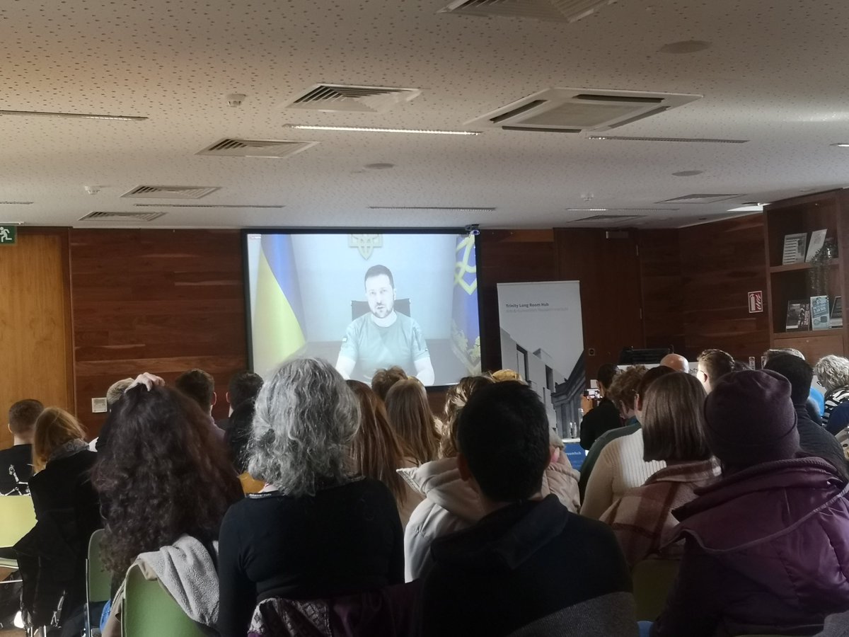 FranORafferty's tweet photo. 'Social media is a new frontier of war, it's full of capabilities, Russia has used this to spread disinformation, but Ukraine has won the information battlefield by spreading the truth' #Ukraine President #Zelenskyy speaking to 3rd level students across Ireland today. https://t.co/1kSGP49l3y