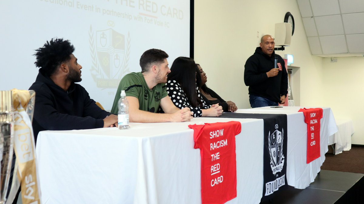 PVFCFoundation's tweet photo. 🟥 A huge thank you to @SRTRC_England, #PVFC players Ellis Harrison and Jamie Proctor, @SophiLouBar (@HerGameToo), @chris_iwelumo and Sarah Chevolleau (@SABLE_Unity) for providing an insightful anti-racism workshop to pupils from @Woodhouse_Acad at Vale Park this afternoon! https://t.co/BMRawsb711