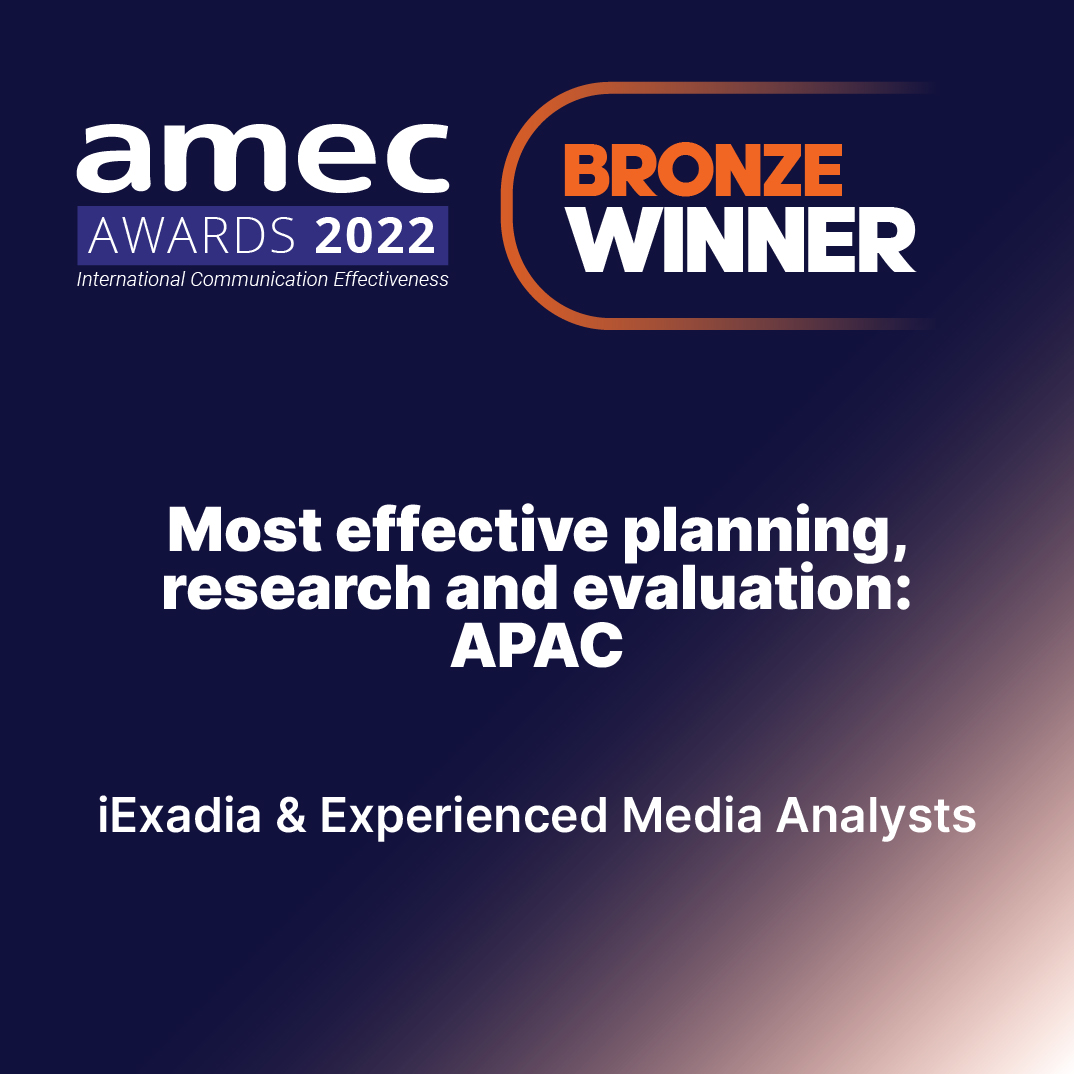 Congratulations <a href="/iExadia/">iExadia</a> &amp; <a href="/MediaEvalTeam/">MediaEvaluationTeam</a>! Brozne Winner! Most effective planning, research and evaluation: APAC #amecawards 

amecorg.com/awards/2022-wi…