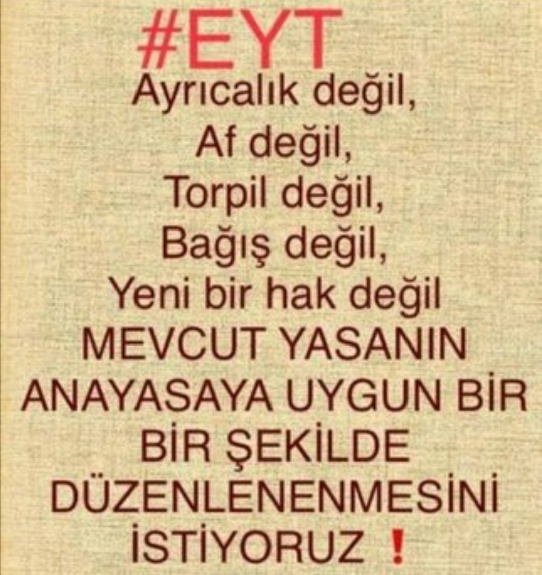 #tobb veya her kim
#EYT yük diyorsa
#öyledeğil yalan söylemeyin
Artık hakkımızı yemeyin
#EYT'yi geciktirmeyin
#KıdemiParçalamayın
#EmeklilikteYaşaTakılanlar