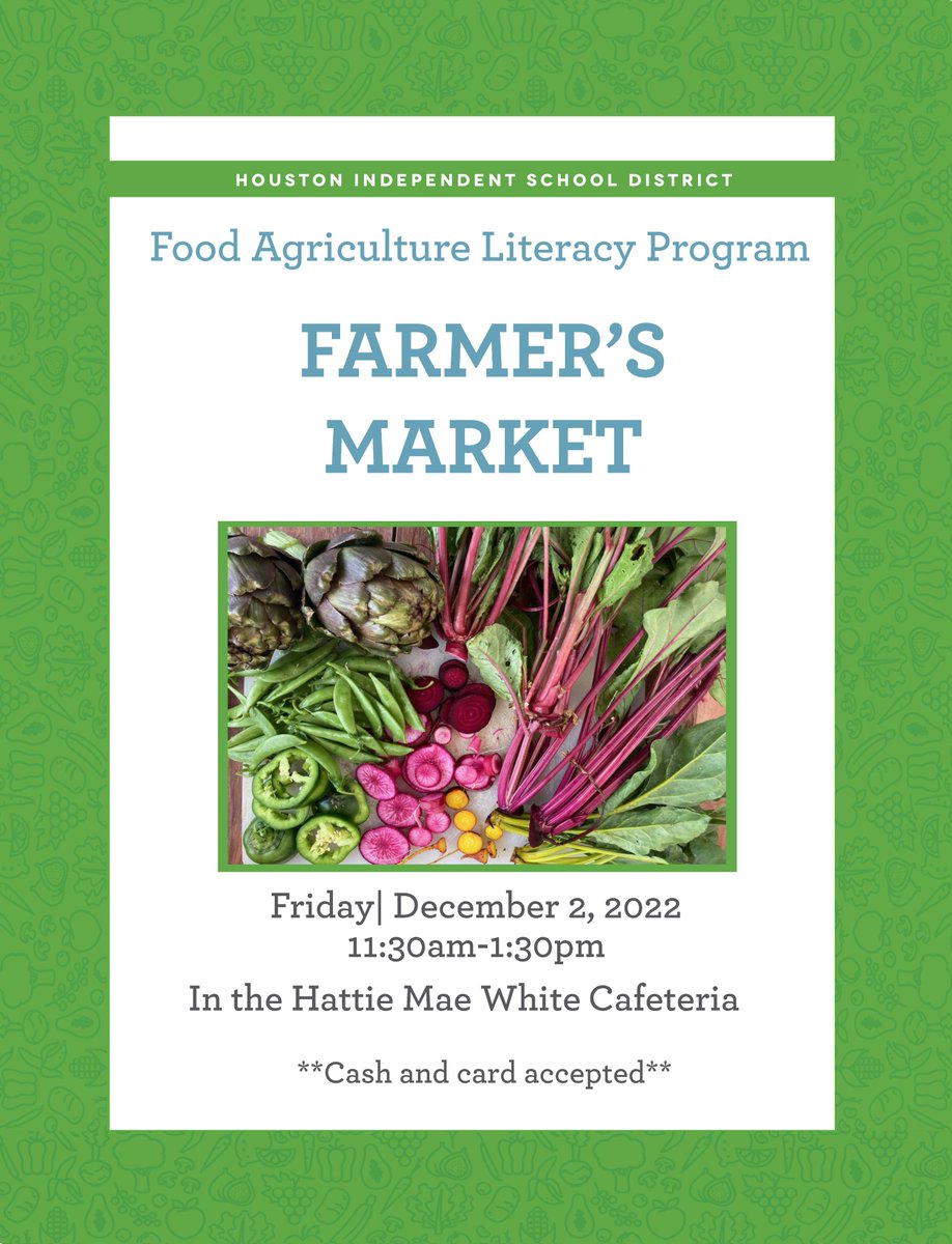 Come check out our <a href="/HoustonISD/">Houston ISD</a>  Farmer's Market Friday December 2, 2022 11:30 AM-1:30 PM in the Hattie Mae Cafeteria. Have a happy and healthy holiday season! #farmersmarket #health #Houston