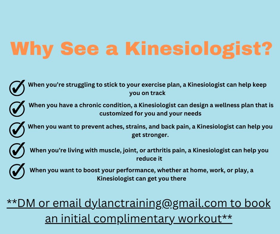 DylanCTraining's tweet image. ❓Why See a Kinesiologist❓

Check out the graphic on why you should see a Kinesiologist. 

If you are interested to see how I can help you DM me, email me at dylanctraining@gmail.com, or drop into EC Fit this weekend from 7am-12pm to have a chat!
