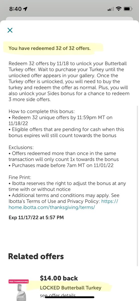 Chitneywlark's tweet photo. HELP! @Ibotta my turkey bonus won’t unlock! What do I do? [see pic] https://t.co/pISmE5EH1Q