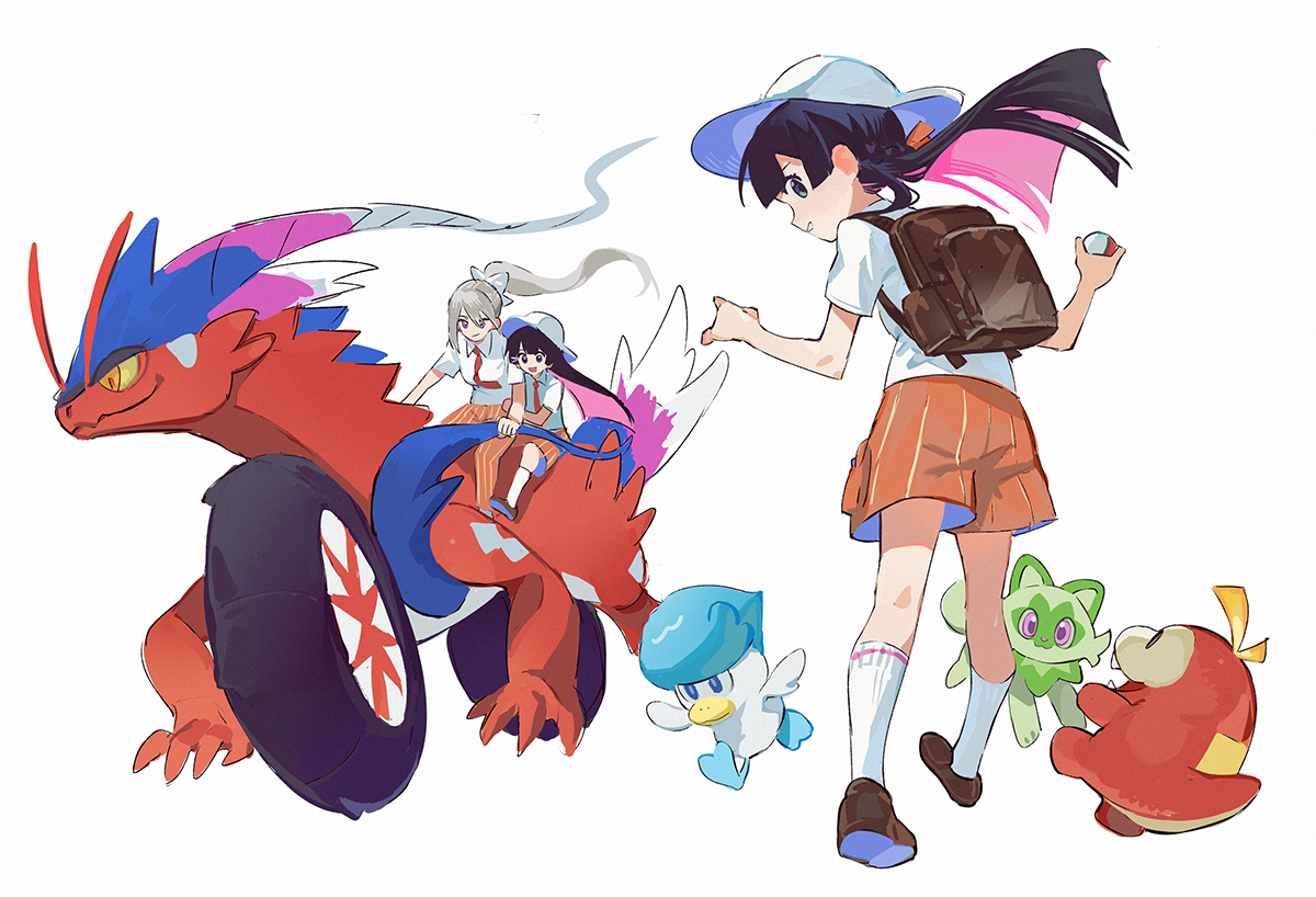 higuchi kaede orange necktie multiple girls orange shorts pokemon (creature) poke ball school uniform holding poke ball  illustration images