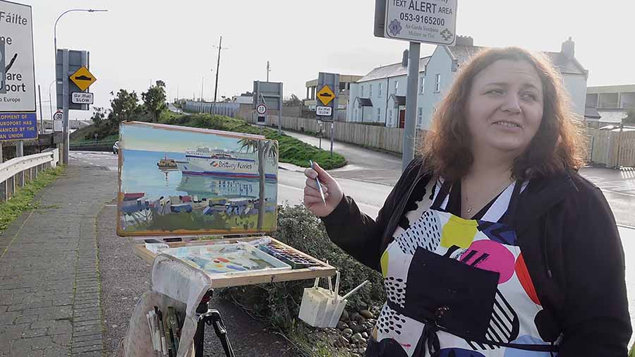 Artist Kate Goss painting new LNG powered ro-ro ferry the Salamanca showcased this week by <a href="/BrittanyFerries/">Brittany Ferries</a> at <a href="/Rosslareuroport/">Rosslare Europort</a>, it will sail 2 weeekly rotations Bilbao &amp; 1 Cherbourg
<a href="/TourismIreland/">Tourism Ireland</a>
<a href="/visitwexford/">Visit Wexford</a>
<a href="/SpaininIreland/">Spain in Ireland</a>
<a href="/KellerTravelLtd/">Keller Travel Ltd</a>
<a href="/KelAirCampotel/">KelAir Campotel</a>
<a href="/NolanTransport/">Nolan Transport</a>