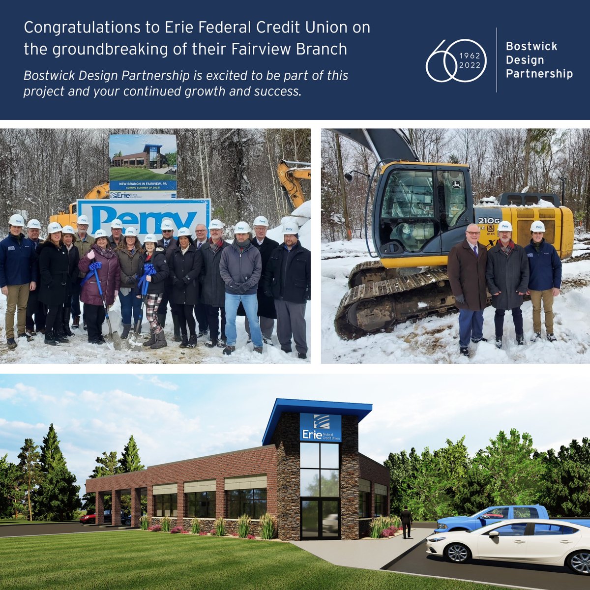 A snowy day for the groundbreaking of the EFCU Fairview Branch. Bostwick Design Partnership is proud to be part of the growth and success of this Erie, Pennsylvania business. #bostwickdesignpartnerhip #ErieFCU #fairviewbranch
