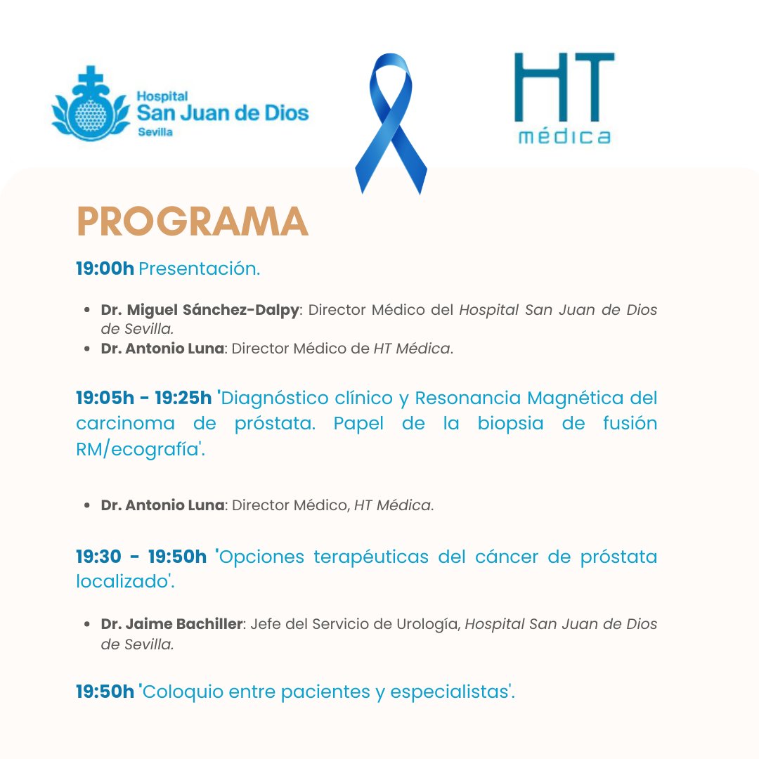 HTmedica's tweet photo. ¡Te esperamos mañana en una sesión informativa destinada a pacientes sobre #Cáncerdepróstata, con motivo del #MesdelasaludMasculina!
📢Ponentes:
-Dr. Antonio Luna: Director Médico de #HTMédica
-Jaime Bachiller Burgos : Jefe servicio urología #HSJDSevilla https://t.co/73p5CViPgR