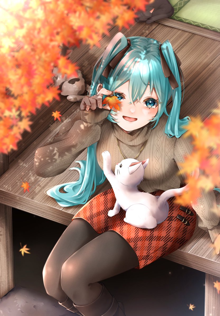 hatsune miku 1girl cat autumn leaves skirt sweater long hair pantyhose  illustration images