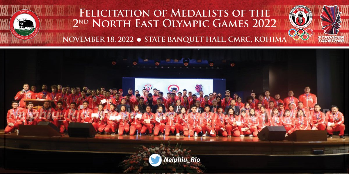 Neiphiu_Rio's tweet photo. Felicitated the medalists of the @neolygames. I congratulate them on behalf of the State Govt, @NagalandOlympic &amp; citizens of Nagaland. We remain committed to invest in sports development &amp; infra. With humility we accept the NE Olympic Assoc. flag to host the 3rd NE Olympic Games https://t.co/LBWjrwsXxN