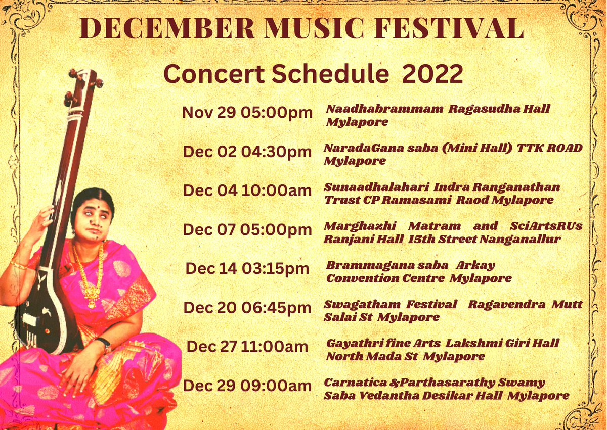 DKanjira's tweet photo. Sharing My  Sister N S Kamakshi's Upcoming Concert Schedule for Nov- Dec 2022 Music season..Pls Mark The dates and Attend all My concerts 
#carnaticmusic, #classicalmusic, 
#decemberseason, #decembermusicseason, 
#carnaticconcert,
#NSKamakshi,
#Nerkunammusicfamily #Nerkunamsankar https://t.co/idJ5tcjhfB